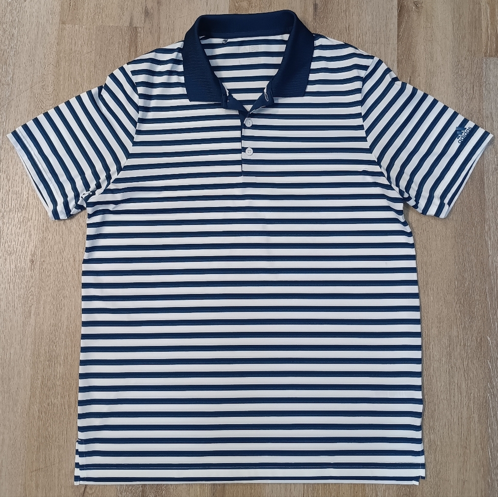 Navy Adidas Striped Polo Shirt Large